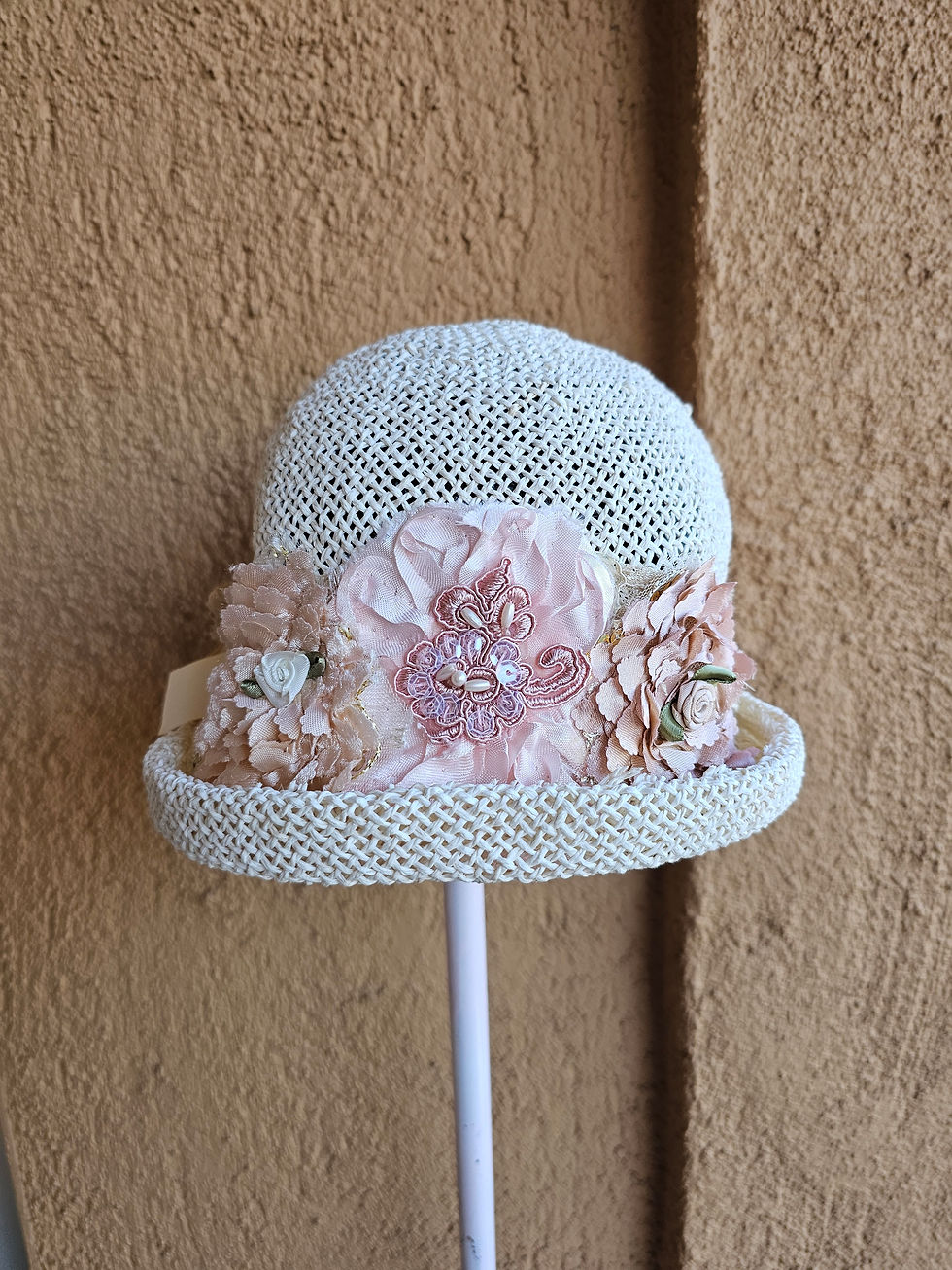 Thumbnail: Upcycled vintage baby cream hats with adjustable lace pi for sizing