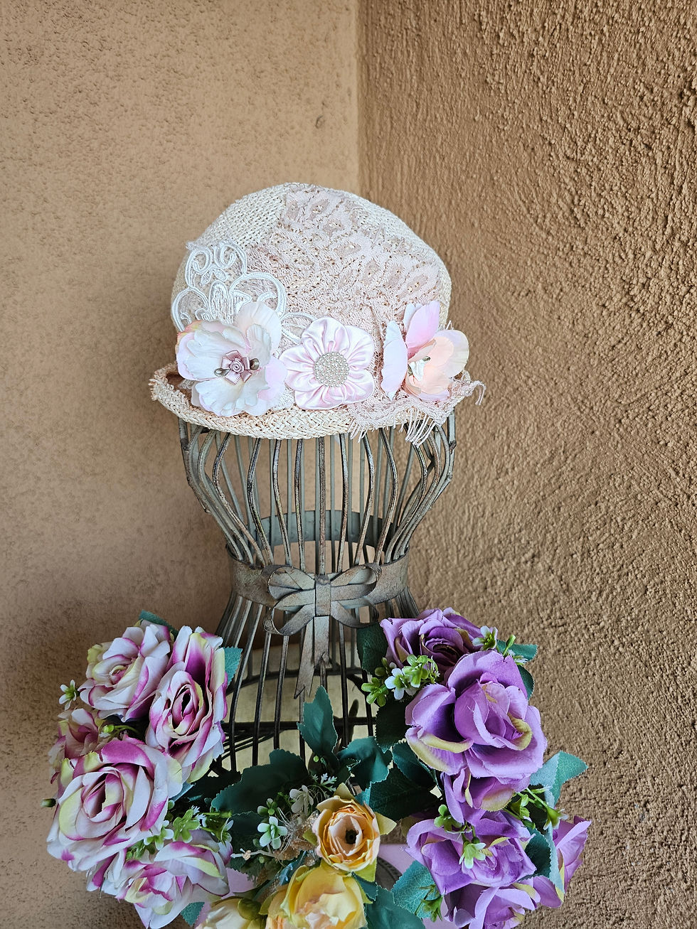 Thumbnail: Upcycled vintage handmade baby hats adjustable strap for sizing.