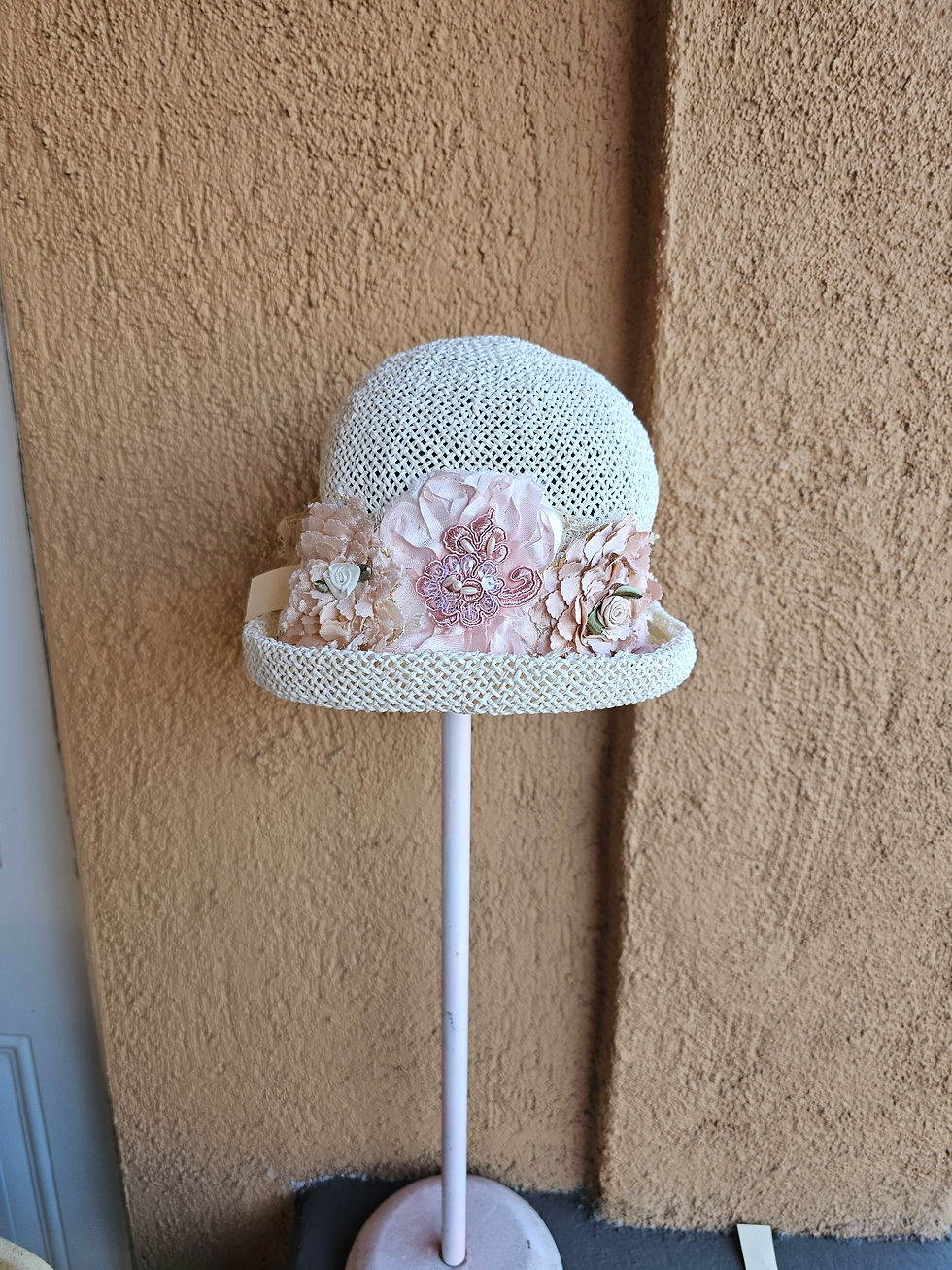 Thumbnail: Upcycled vintage baby cream hats with adjustable lace pi for sizing