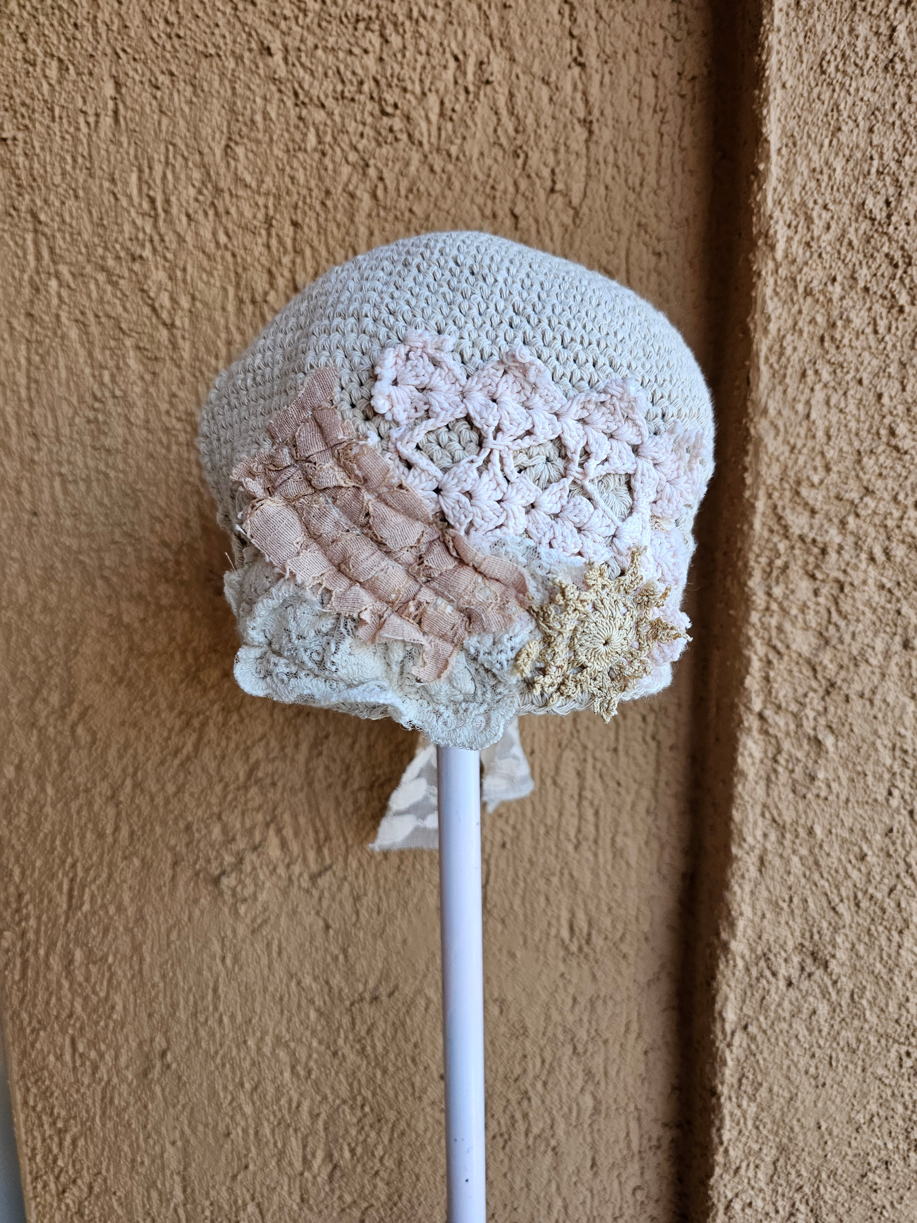 Upcycle babies hats with adjustable lace trim for sizing