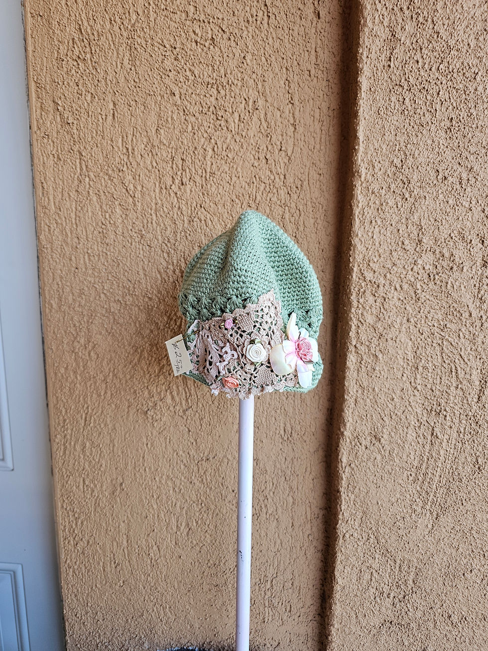 Thumbnail: Upcycled vintage baby hats with adjustable strap for sizing