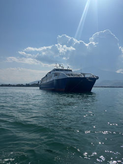 S2837-1 42m high-speed passenger ferry for sale – bow quarter view at anchor off Kusadasi, Turkey