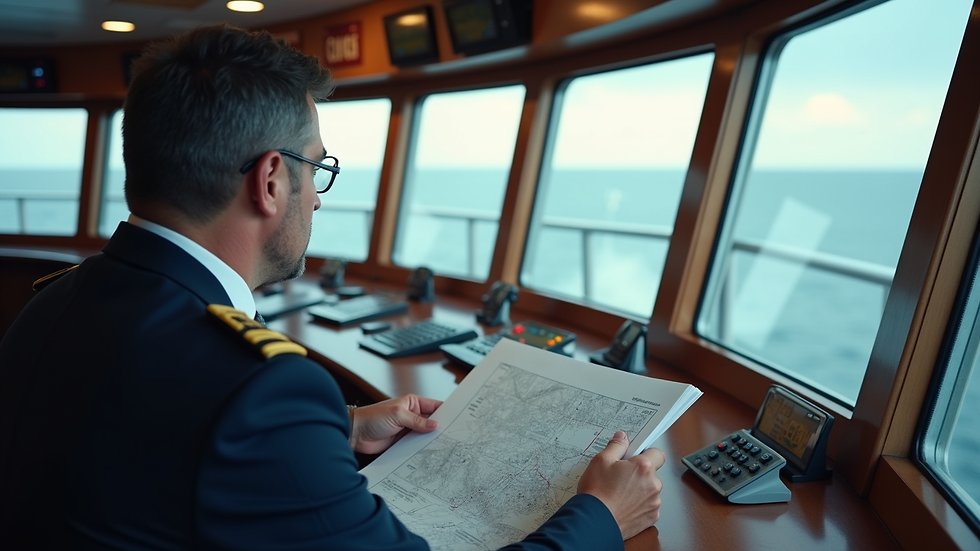 Close-up view of a ship captain reviewing navigation charts on the bridge