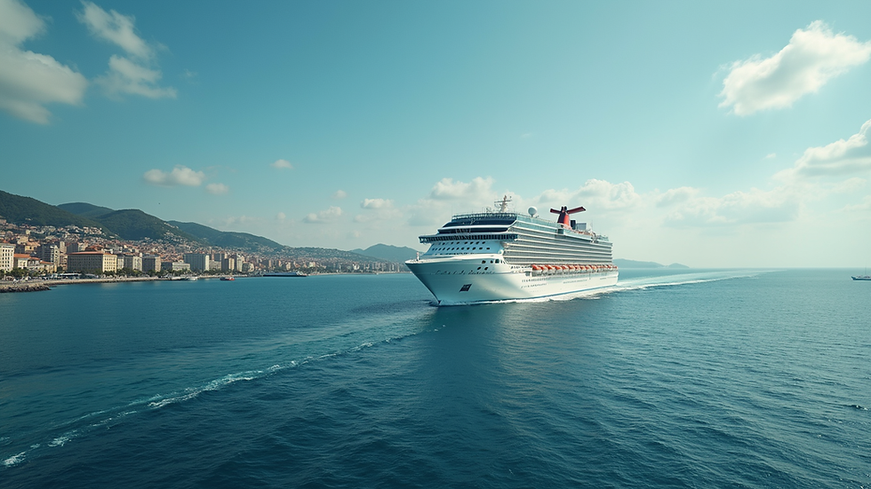 Eye-level view of a large cruise ship navigating near a coastal city