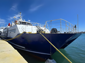 Blue and white ferry docked at a pier under a sunny sky.
