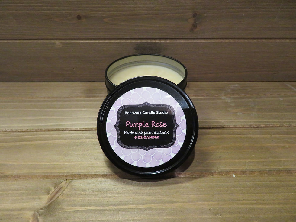 PURPLE ROSE scented beeswax candle in 6 oz black tin jar