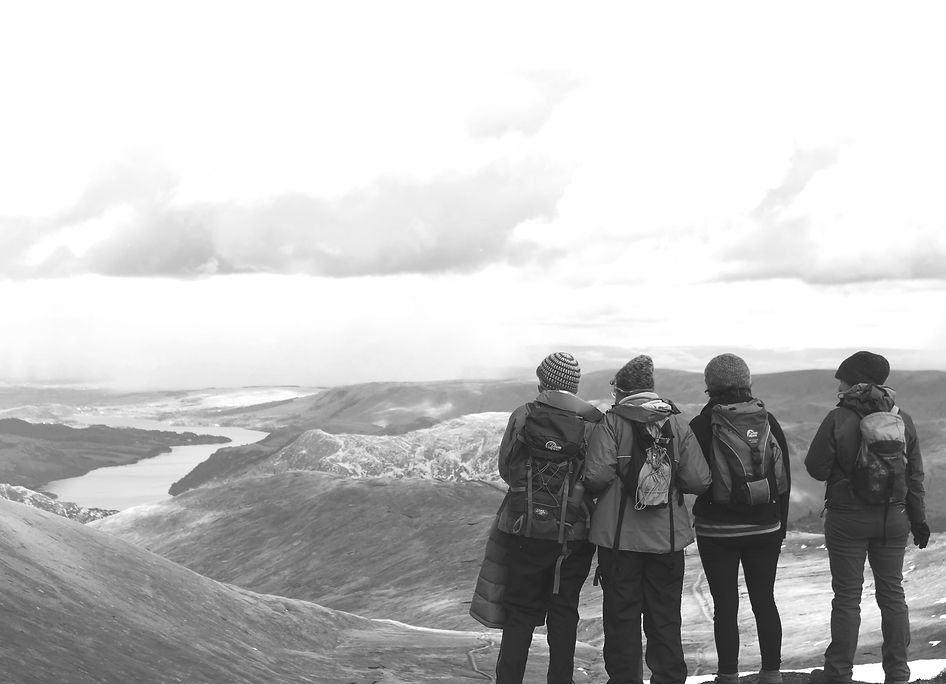 people overlooking a valley with forests and rivers below.