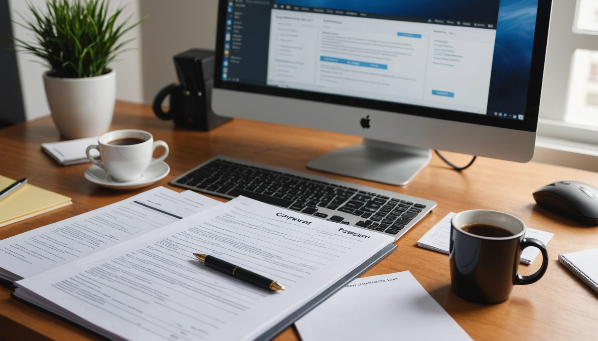 Eye-level view of a computer and documents related to tax preparation