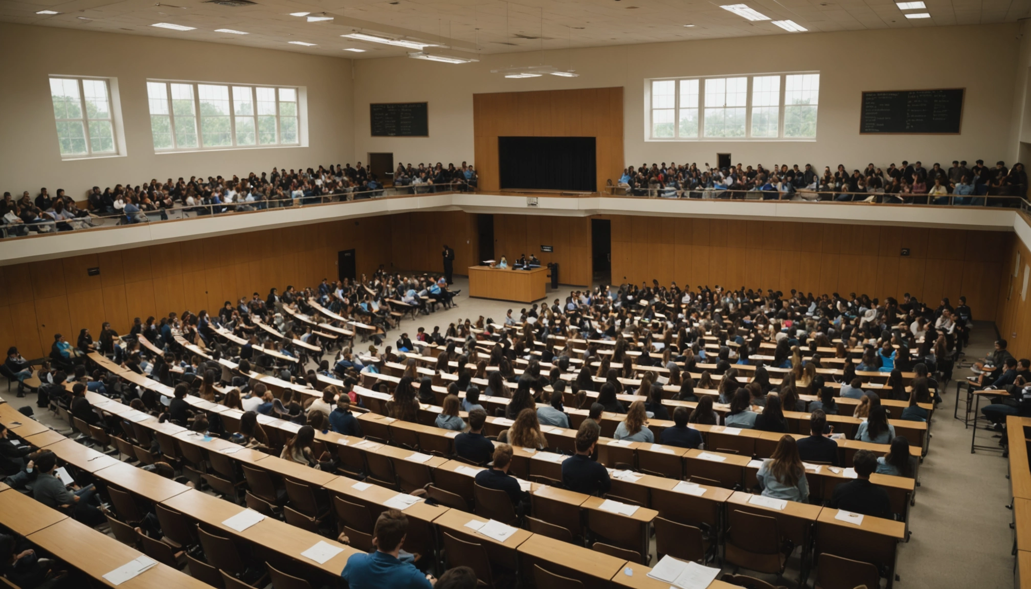 High angle view of a college lecture hall filled with eager students