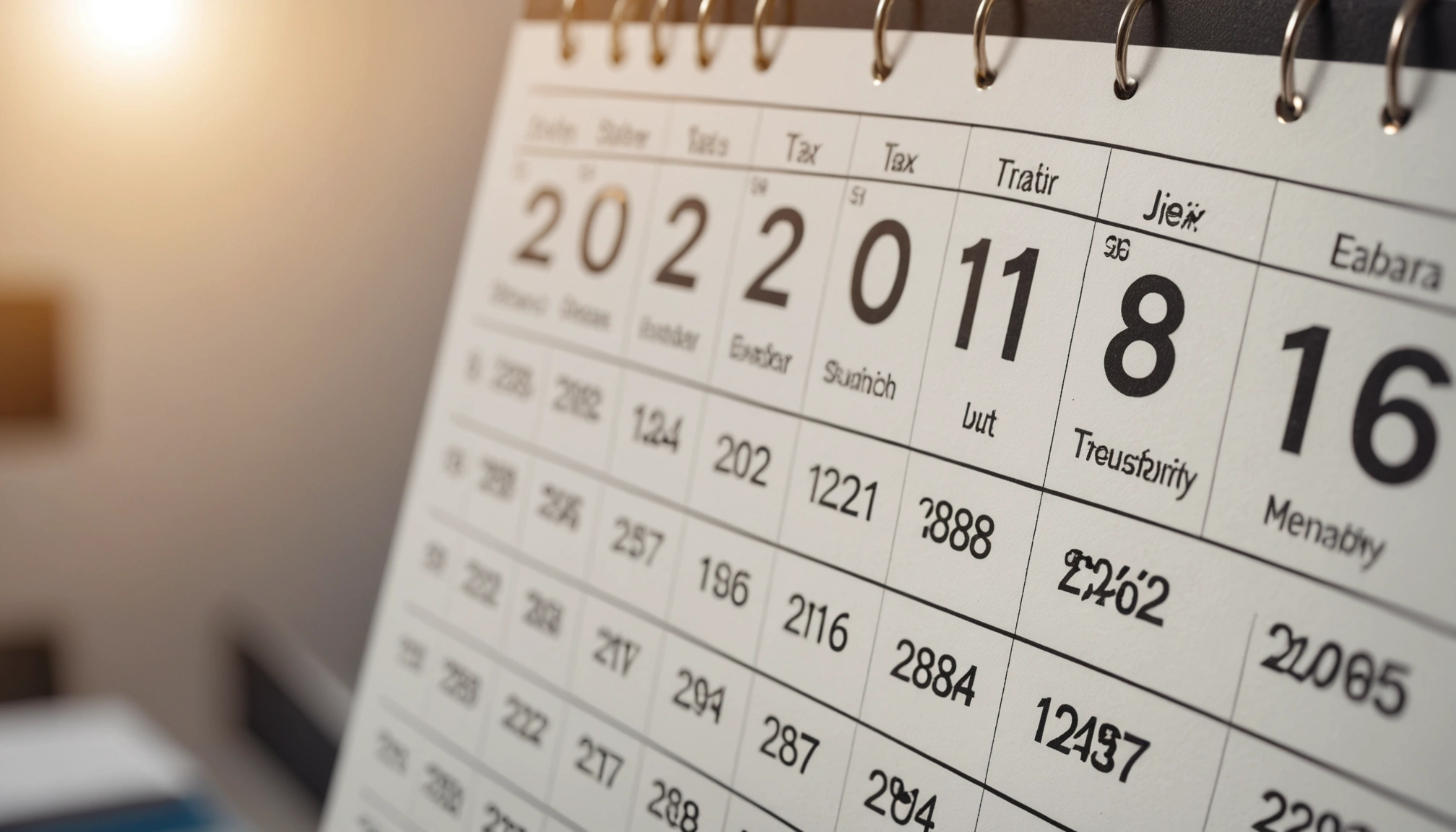 Eye-level view of a calendar marked with key tax dates