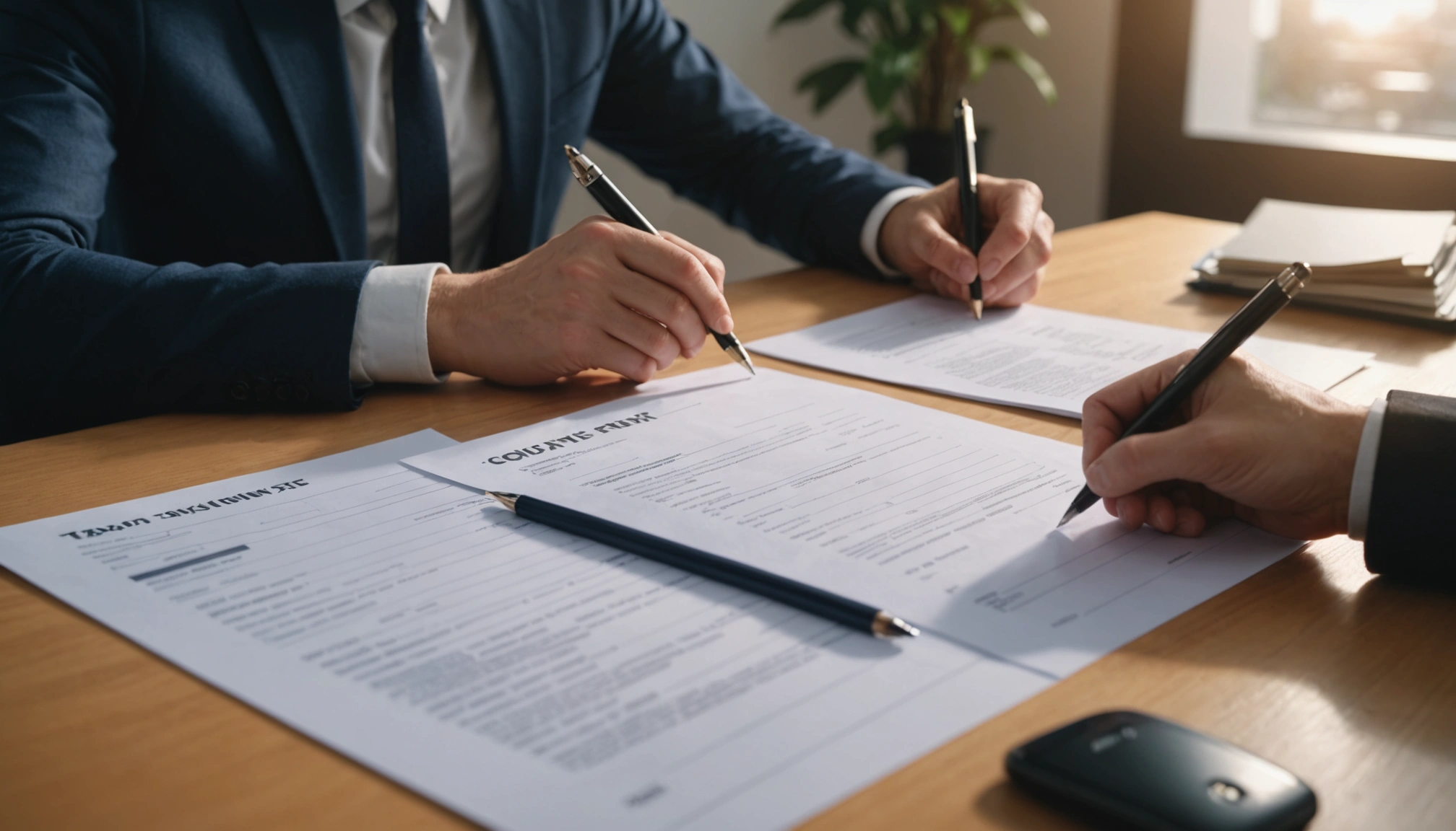 Eye-level view of a person reviewing tax forms on a desk