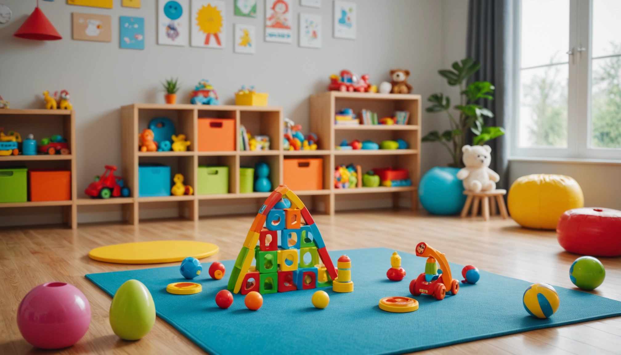 Eye-level view of a cozy child care space with toys and playmat