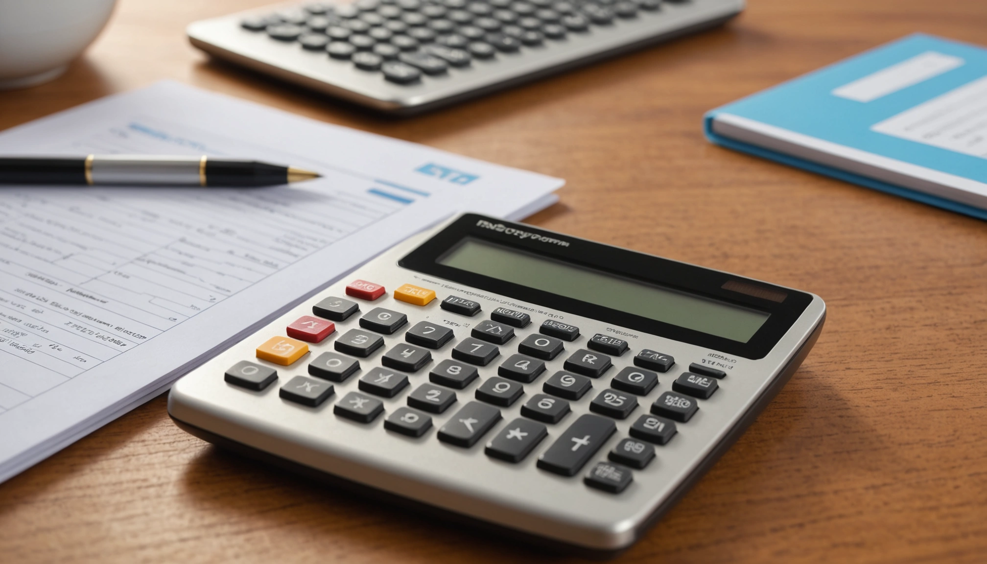 Eye-level view of a calculator and tax forms on a wooden table.