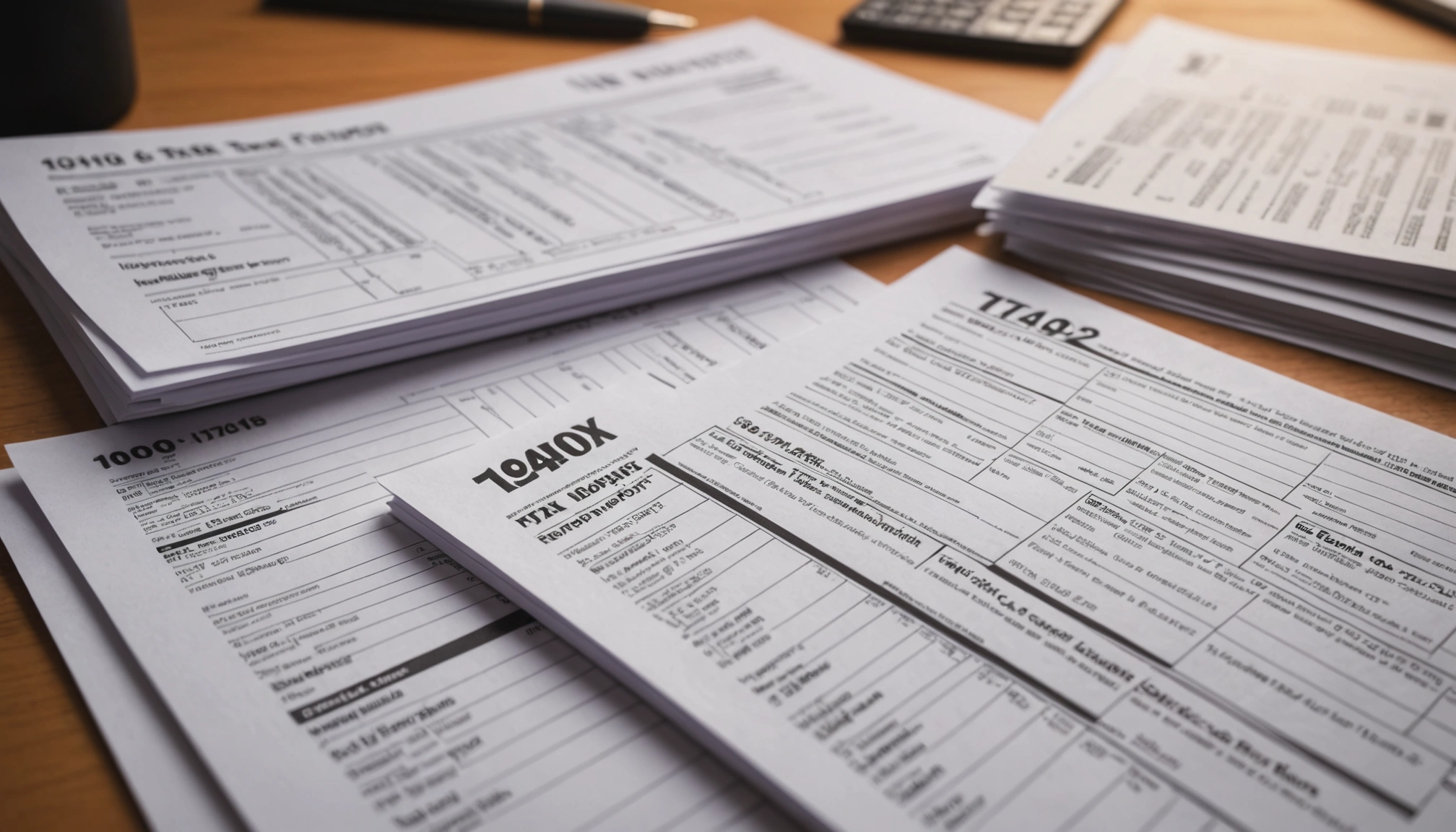 Wide angle view of stacks of tax forms and financial reports