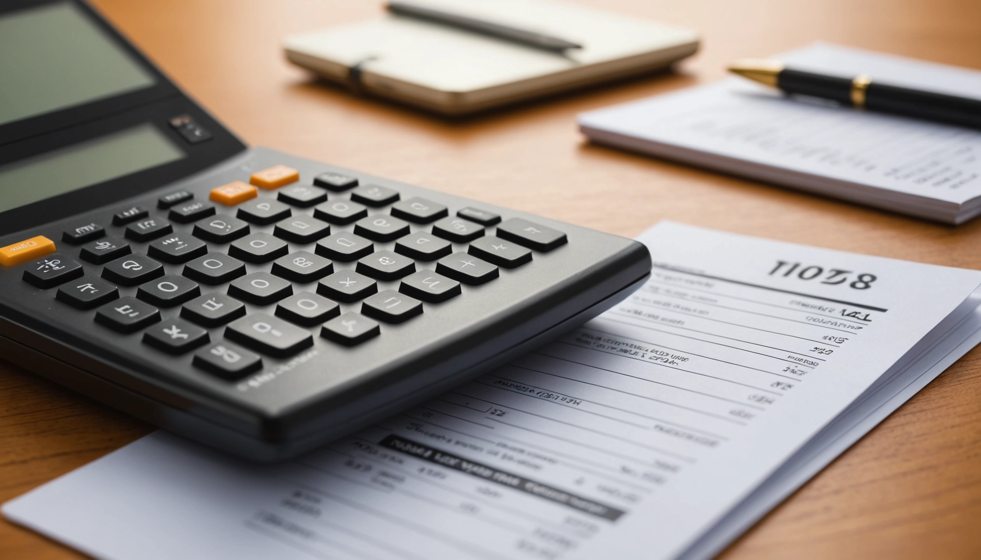 Close-up view of a tax document and calculator