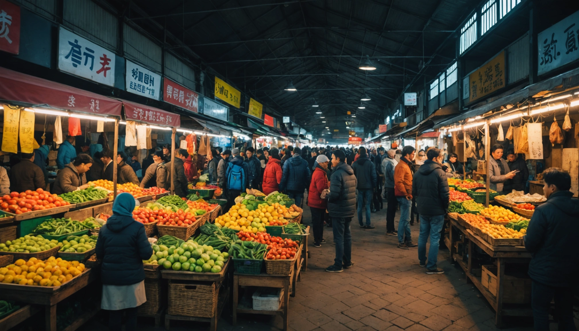 Wide angle view of a bustling local market with small vendors