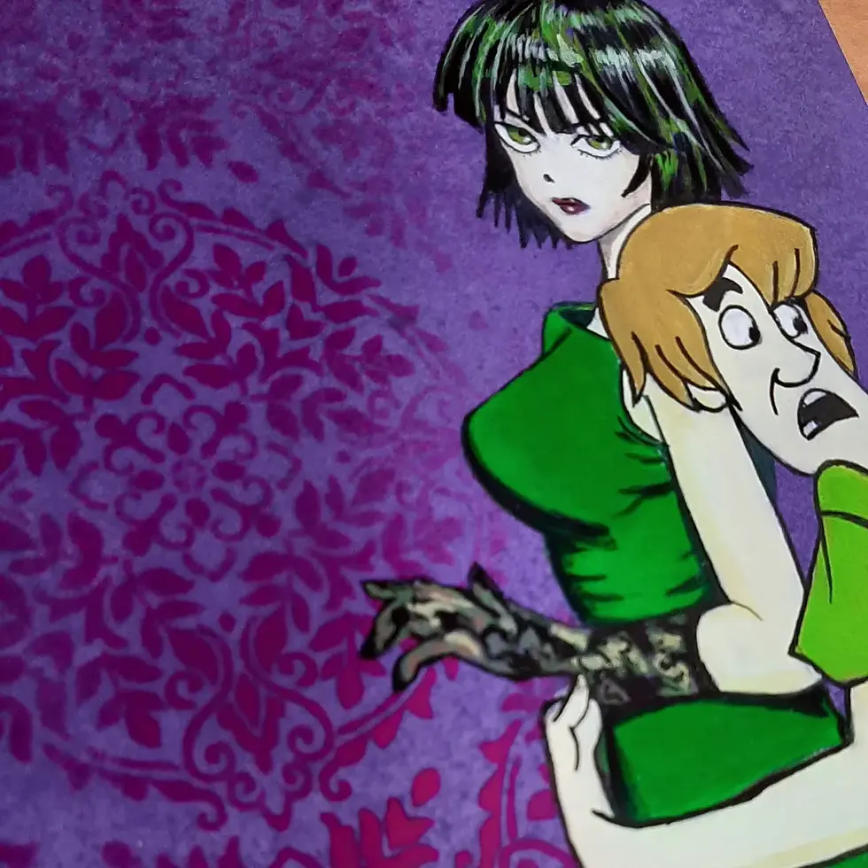 Miniatura: Obraz Pop Art z Fubuki z anime One-Punch Man i przestraszonym Kudłatym ze Scooby-Doo na fioletowo-różowym tle