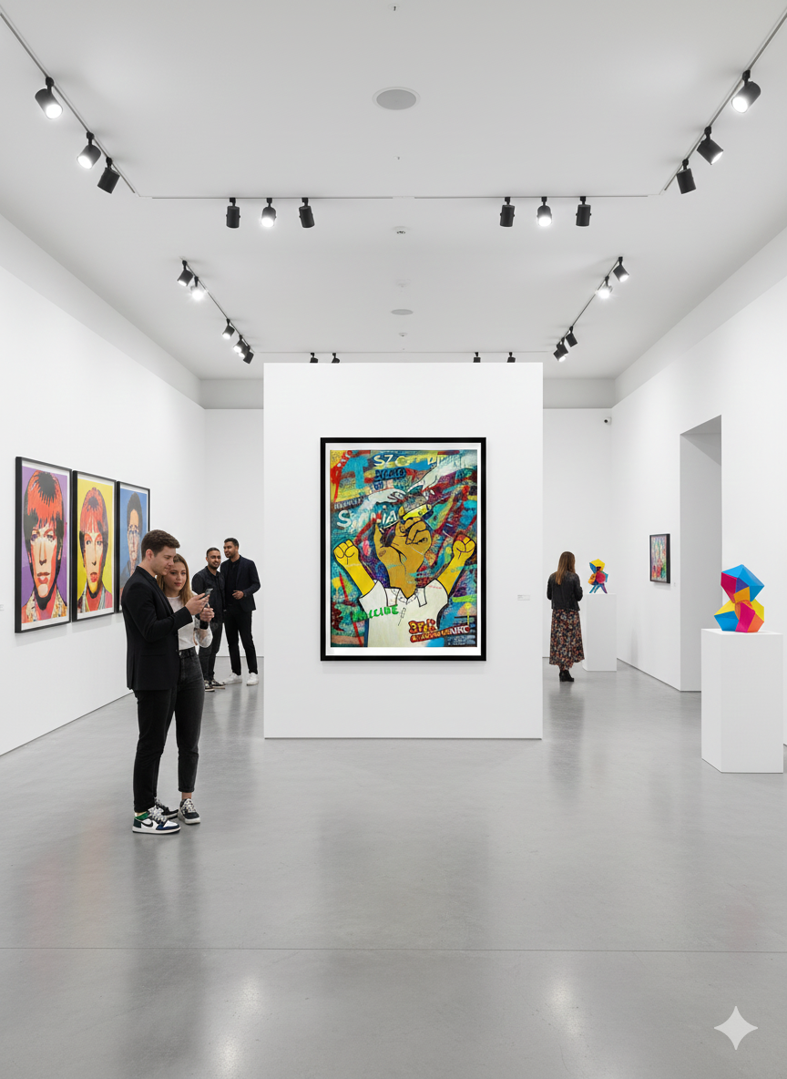 Miniatura: Obraz wisi na białej ścianie w galerii sztuki. Z góry oświetlany jest spotami . W galerii znajdują 4 osoby oglądające prace