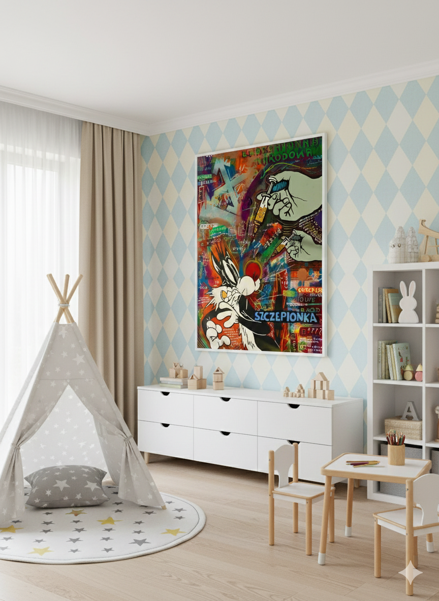 Miniatura: Obraz pop-art z kotem Sylwestrem, napisami Pfizer i Szczepionka. Kolorowy street art komentujący pandemię i szczepienia.