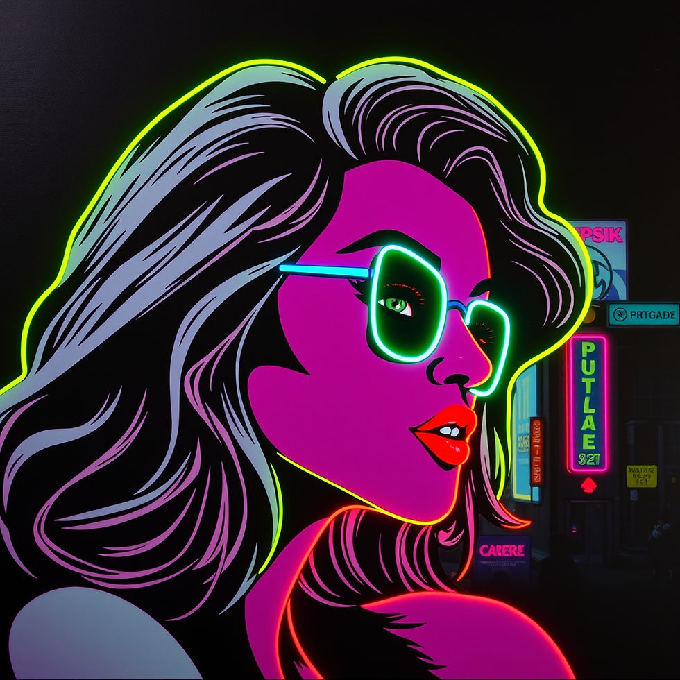 Dynamiczny obraz w stylu Pop Art. Wyraziste kontury, nasycone barwy i raster komiksowy w nowoczesnej interpretacji sztuki.