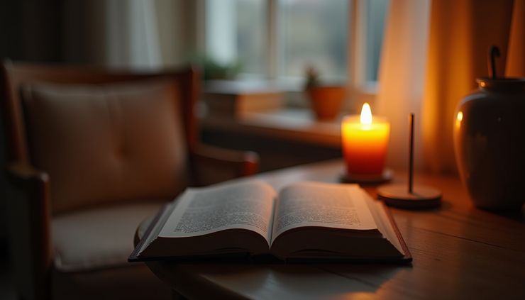 Eye-level view of a cozy reading nook with a lit Harmolux candle on a side table