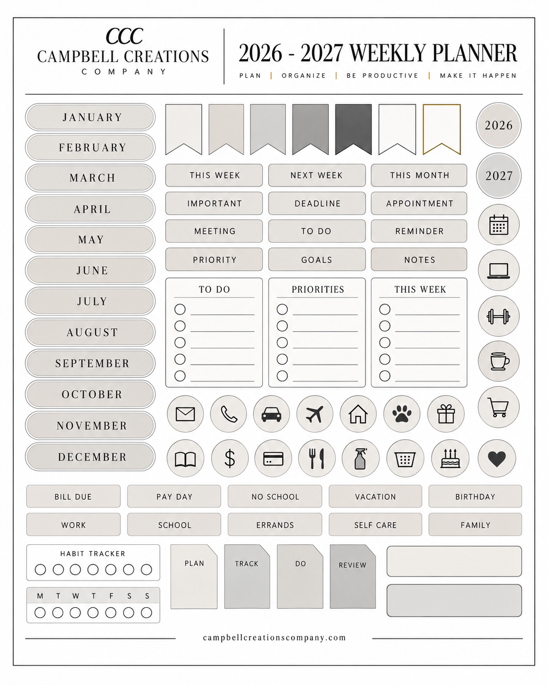 2026–2027 Weekly Planner sticker sheet with month labels, planning flags, task boxes, reminders, goals, and functional icons.