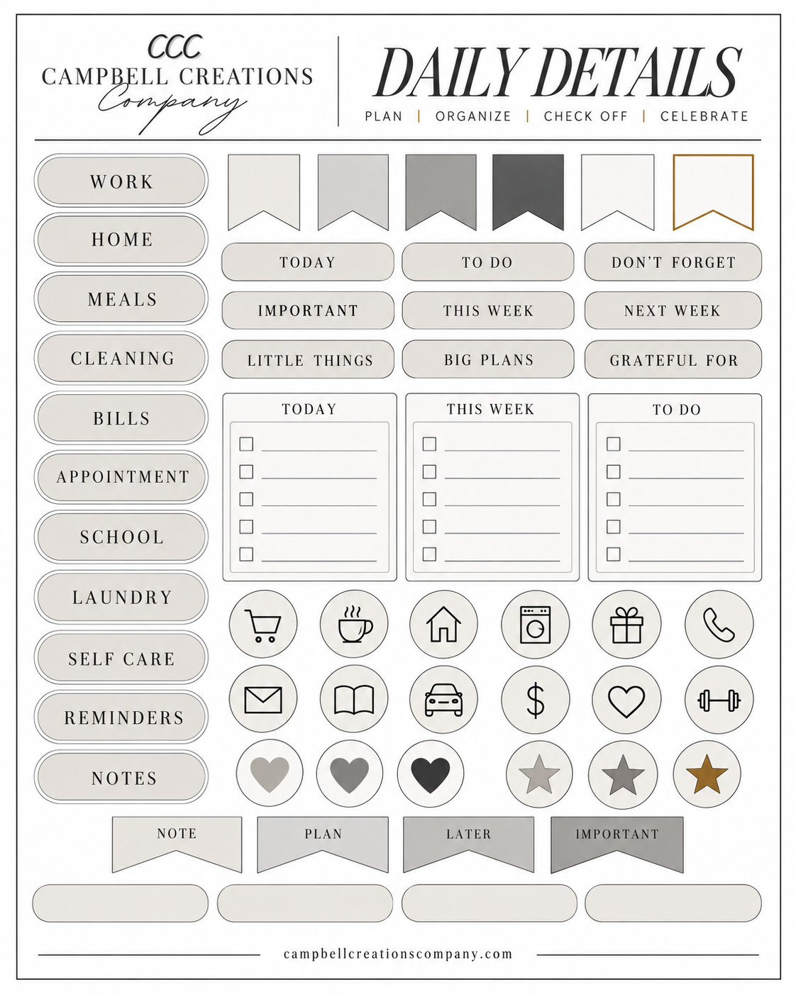 Daily Details planner sticker sheet with functional labels for tasks, meals, cleaning, bills, routines, notes, and daily planning.