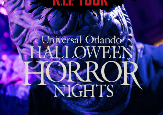 Purple 2025 Halloween Horror Nights R.I.P. Tour Team Member Preview lanyard design with event-themed graphics.