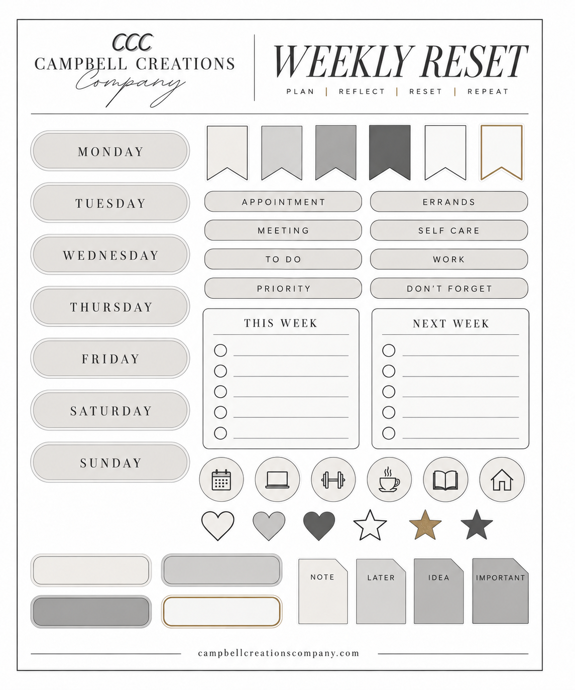 Weekly Reset V1 planner sticker sheet with neutral weekday labels, task boxes, flags, reminders, and planning icons.