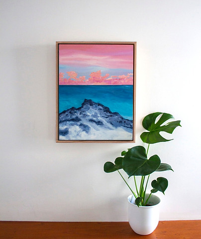Oil painting on wall with monstera plant