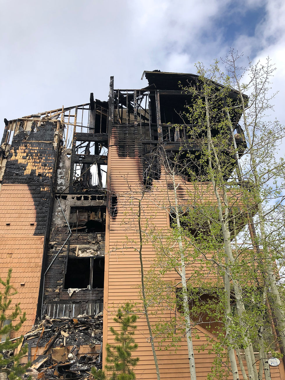 Burned apartments, fire, destroyed