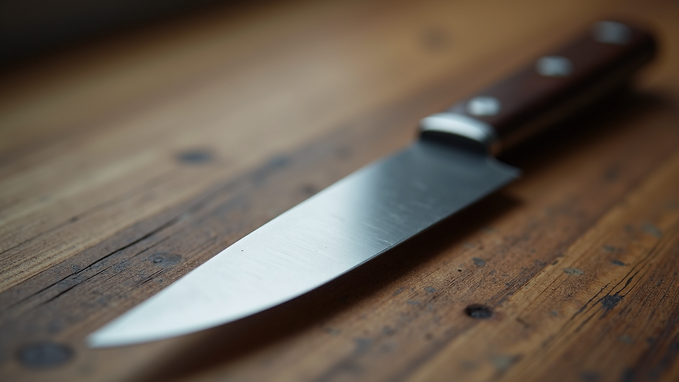 Close-up view of a knife resting on a wooden table