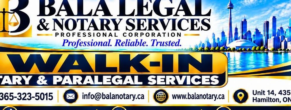 Wide rectangular signage banner for Bala Legal & Notary Services with logo and contact information