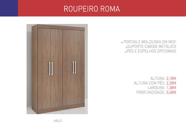 Miniatura: Guarda-roupa Solteiro Roma 4 portas - D Doro Móveis