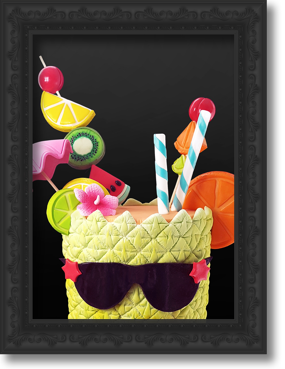 3D pineapple cocktail cake topped with fresh fruit, cocktail umbrella, and blue stripy straws