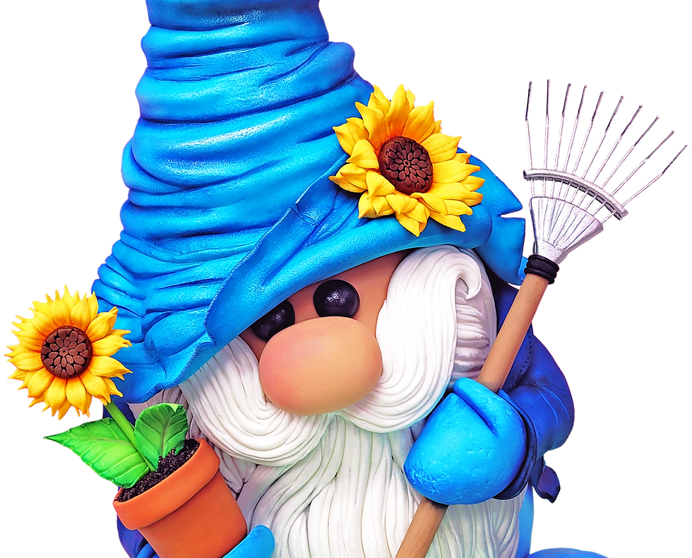 Blue 3D Gonk / gnome cake with a sunflower hat, holding a rake and a potted sunflower, next to "Hello Sunshine" text.