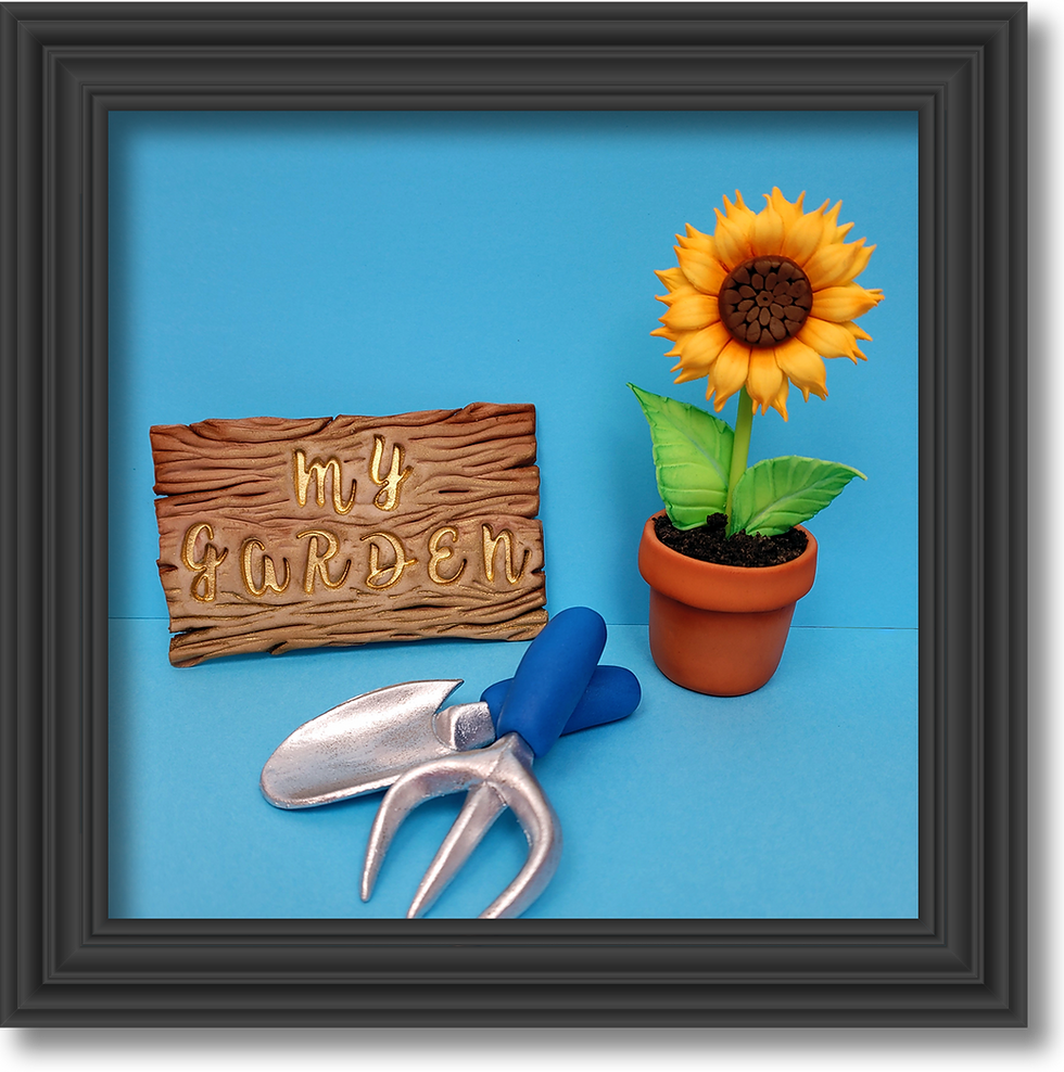 garden themed cake toppers with hand trowel and fork, wooden effect sign reads: my garden, and sunflower in terracotta pot
