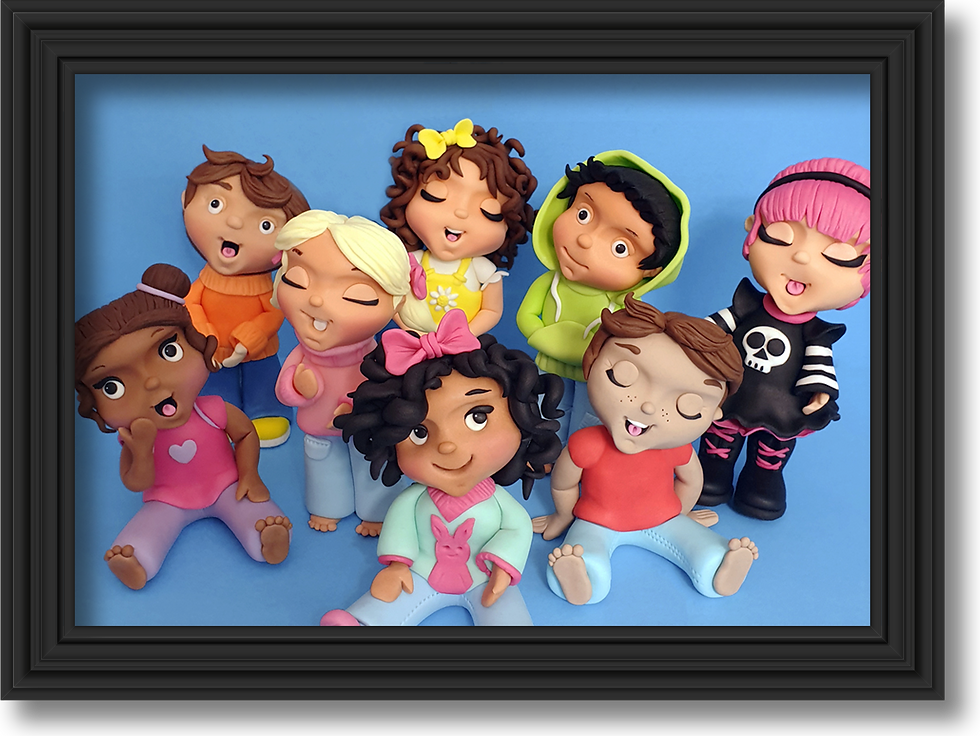 Lively group of sugar figure kids with playful expressions and colourful outfits