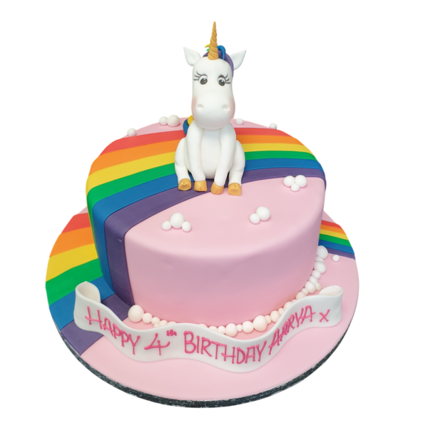 Adorable unicorn cake with colourful rainbow decoration, perfect for a magical celebration. Ideal for unicorn lovers and special occasions.