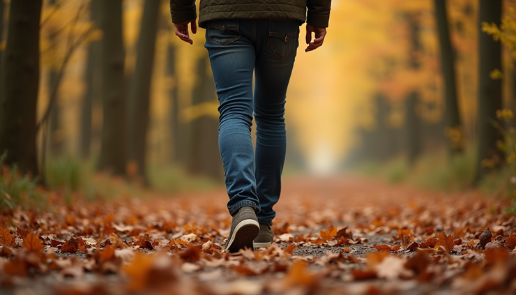 Close-up view of a person walking through a forest trail covered with autumn leaves