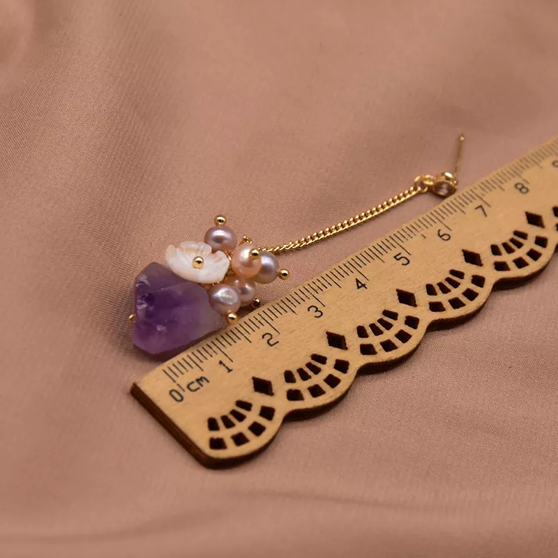 Thumbnail: Elegant Pearls Natural Pearl & Amethyst and mother of pearl Flower Drop Earrings