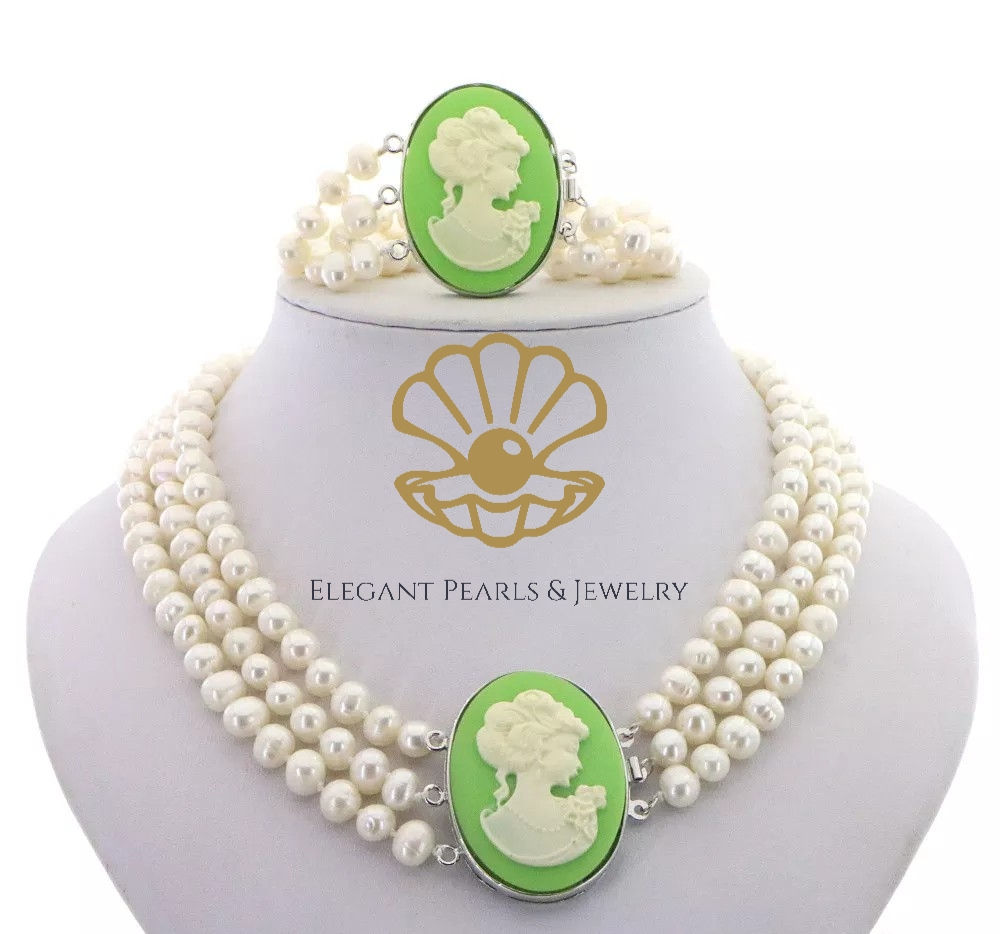 Elegant Pearls Cameo Necklace & Bracelet