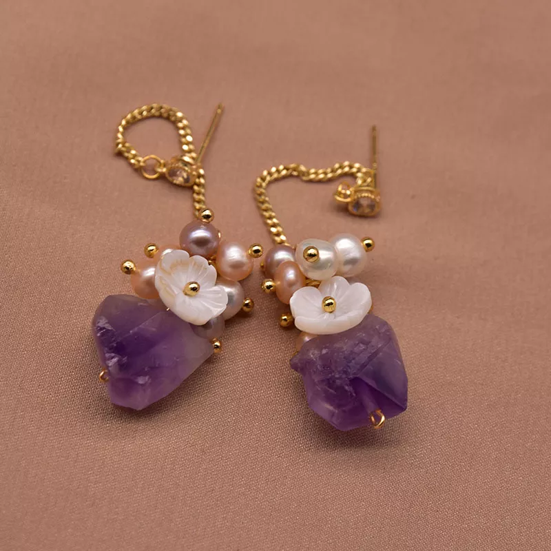 Thumbnail: Elegant Pearls Natural Pearl & Amethyst and mother of pearl Flower Drop Earrings