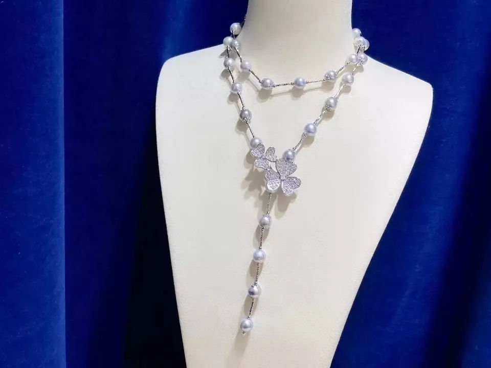 Thumbnail: 925 Sterling Silver Necklace Sweater Chain 8-9mm Round Seawater Akoya Gray Pearl