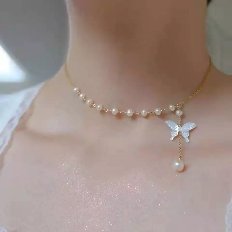 Thumbnail: Playful Butterfly 4-5mm round pearl butterfly shell necklace and earrings