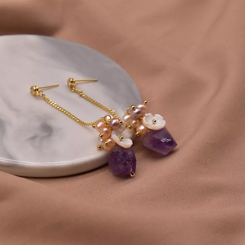 Thumbnail: Elegant Pearls Natural Pearl & Amethyst and mother of pearl Flower Drop Earrings