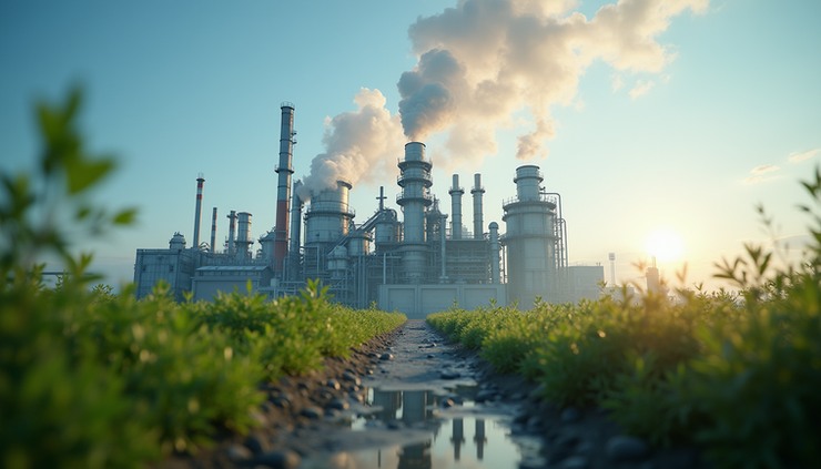 Eye-level view of a biorefinery plant with steam rising from industrial equipment