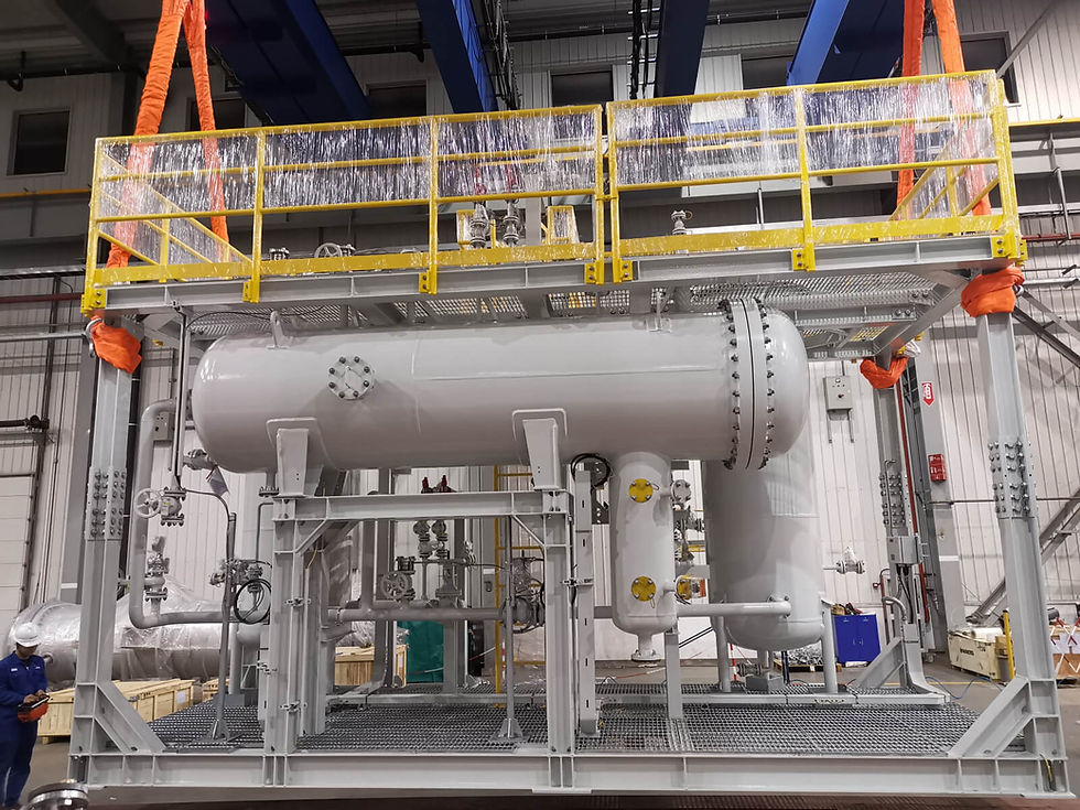 Side-by-side comparison of a Sulzer pilot unit and its scaled-up skid-mounted plant version in an industrial setting.