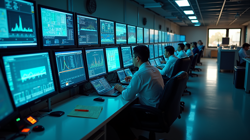 High angle view of refinery control room with digital monitoring systems
