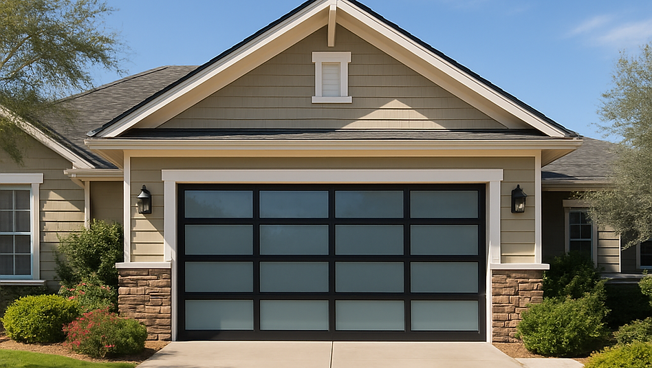 A beautiful contemporary home featuring a modern black-framed garage door with frosted glass panels. The exterior of the house combines light tan stucco with decorative stone veneer accents and a dark terracotta tile roof. A wide, clean concrete driveway leads to the garage, surrounded by manicured green lawns, vibrant shrubs, and a large leafy tree under a clear blue sky.